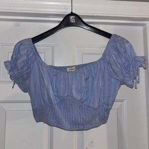 Pastel Blue Eyelet Cottage Core Crop Peasant Top